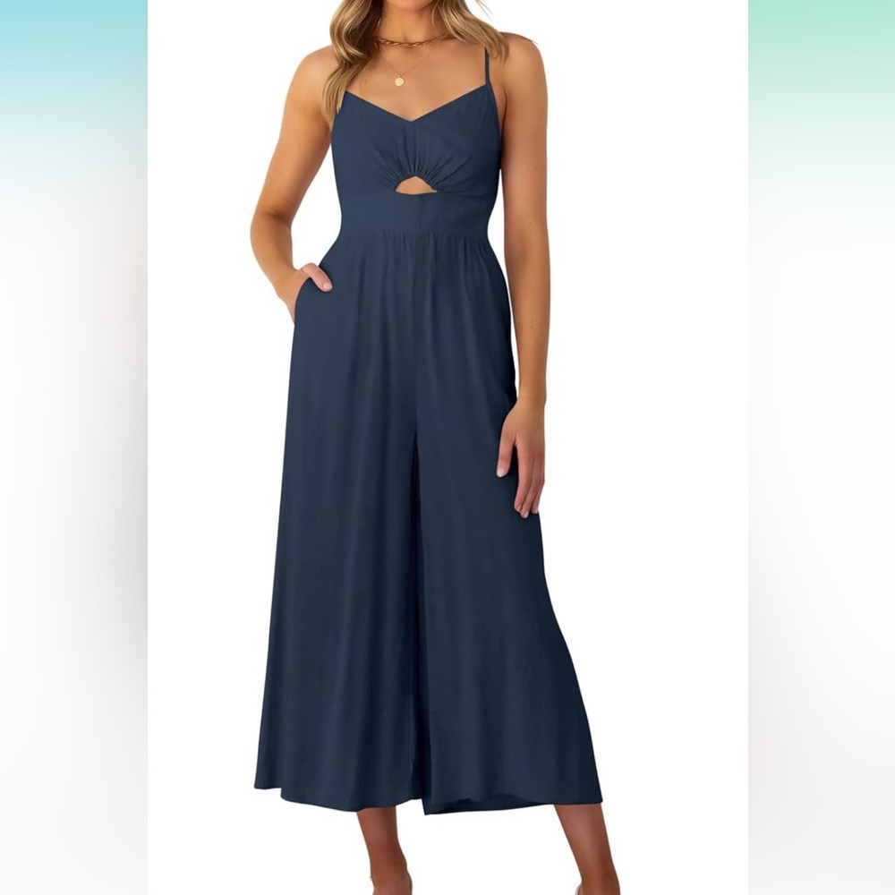 Spaghetti Straps Cutout Smocked High Waist Wide leg Jumpsuit with Pockets